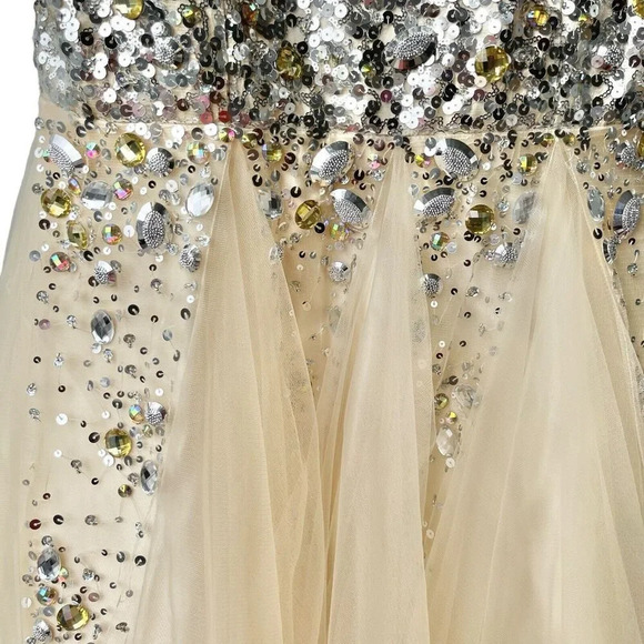 TONY BOWLS Strapless Prom Gown Long Beaded Sheer Mermaid Strapless Size 2 - Picture 6 of 8